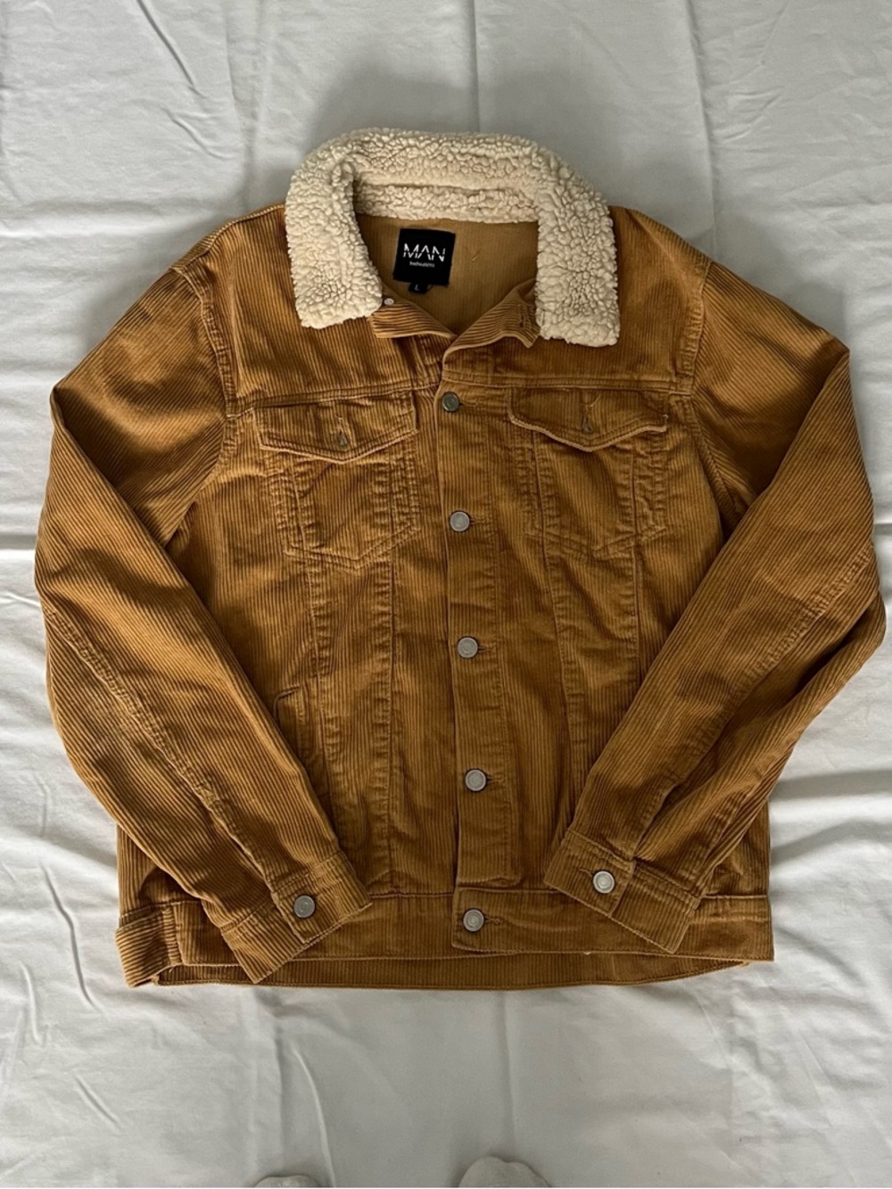Boohoo Men's Corduroy Sherpa Jacket in Camel Brown L